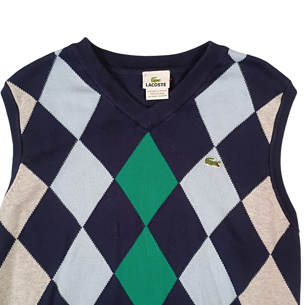 Lacoste Mens Argyle V-Neck Sweater Vest Navy Blue Green Grey Size 3 Small